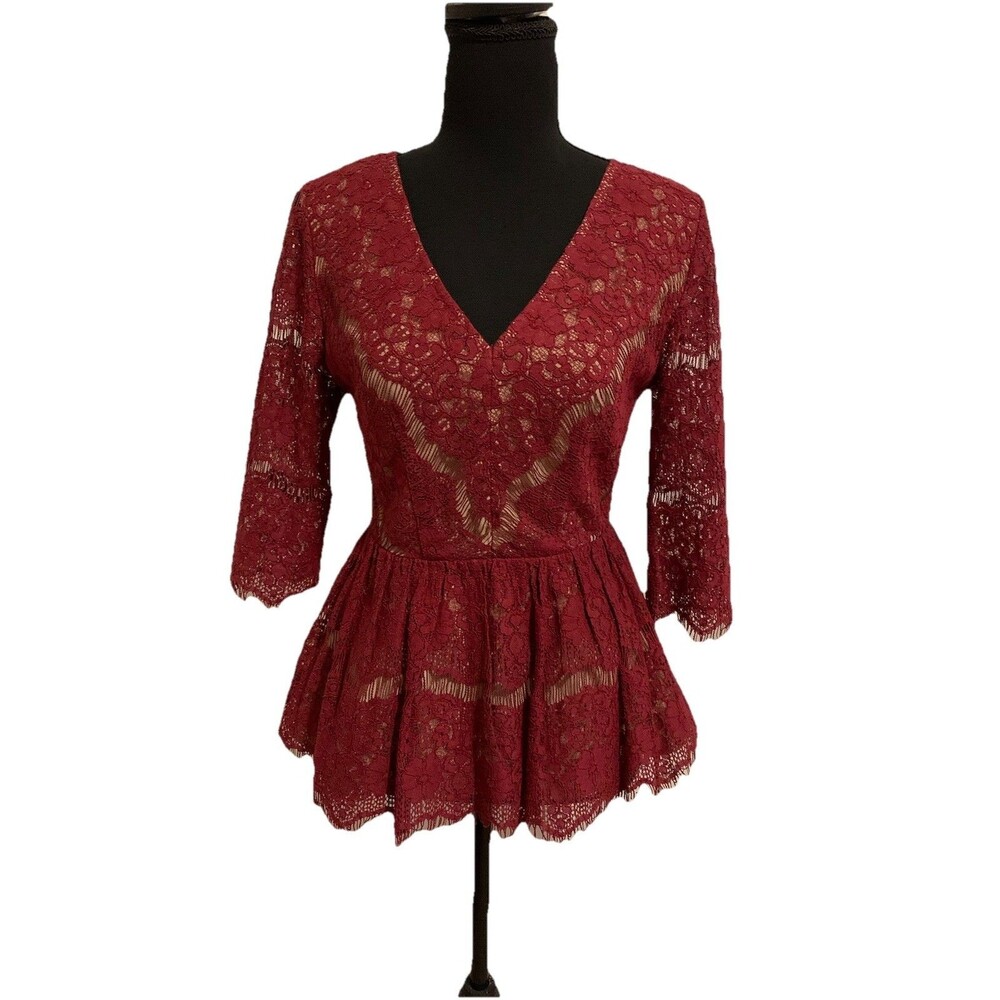 Maeve Womens Size XS Top Peplum Needle Lace Overlay Burgundy 3/4 Sleeves